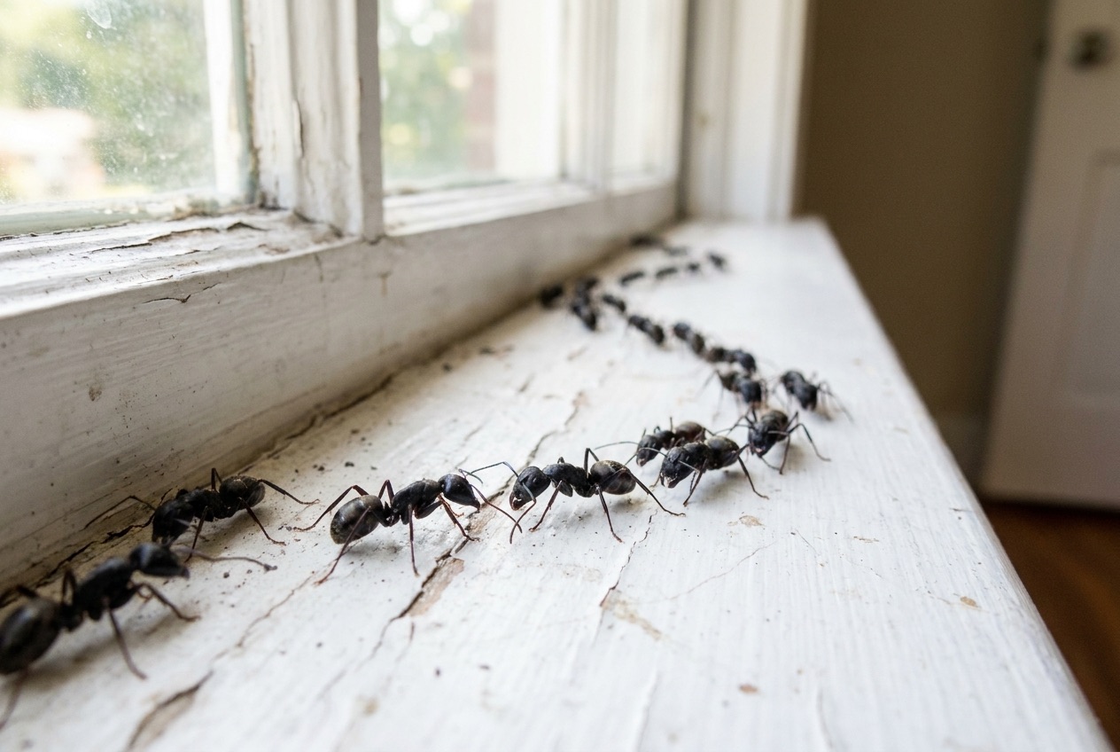 Trail of carpenter ants on a window sill