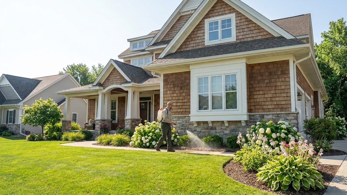 Pest control technician treating the landscaping and foundation of a craftsman-style American home