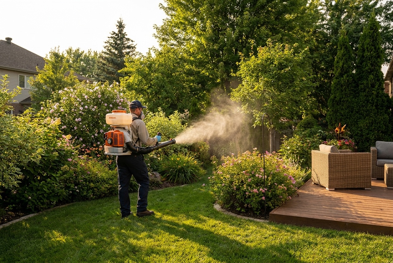 Technician treating a backyard for mosquitoes