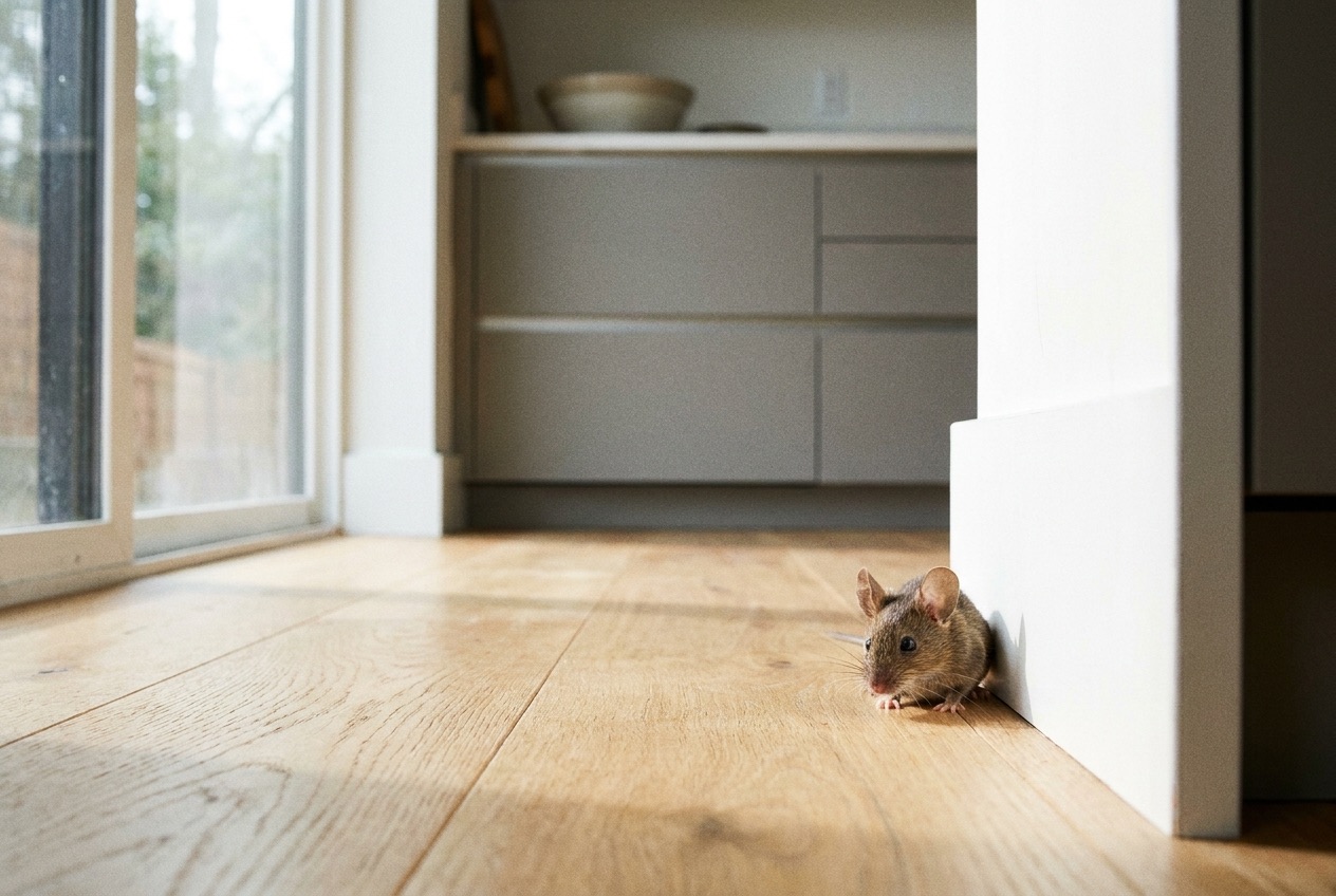 House mouse near a kitchen baseboard