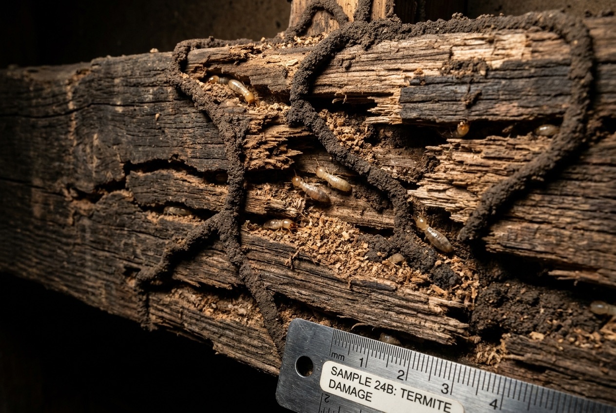 Termite damage and mud tubes on a wooden house beam